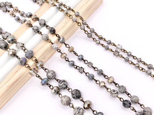 Silver Crazy Lace Agate Round Faceted + Crystal Rosary Style Beaded Chain With Brass Wire By Spool 4mm 6mm 8mm