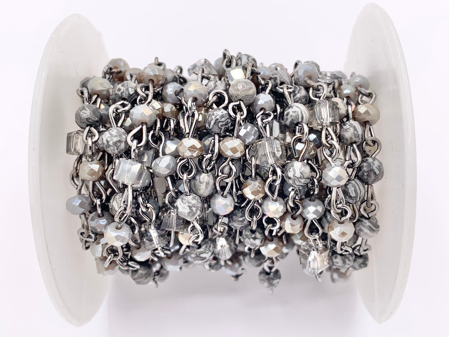 Silver Crazy Lace Agate Round Faceted + Crystal Rosary Style Beaded Chain With Gunmetal Wire By Spool 4mm 6mm 8mm