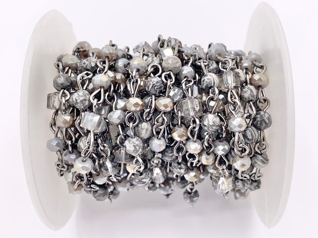 Silver Crazy Lace Agate Round Faceted + Crystal Rosary Style Beaded Chain With Gunmetal Wire By Spool 4mm 6mm 8mm