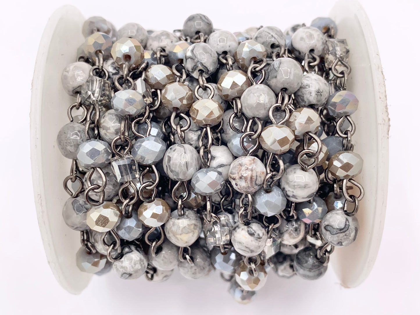 Silver Crazy Lace Agate Round Faceted + Crystal Rosary Style Beaded Chain With Gunmetal Wire By Spool 4mm 6mm 8mm