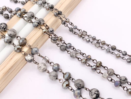 Silver Crazy Lace Agate Round Faceted + Crystal Rosary Style Beaded Chain With Gunmetal Wire By Spool 4mm 6mm 8mm