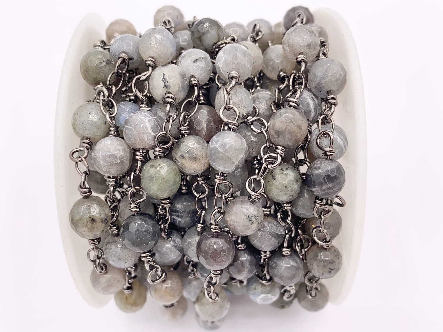 Labradorite Round Faceted Rosary Style Beaded Wired Chain With Gunmetal Wire By Spool 4mm 6mm 8mm