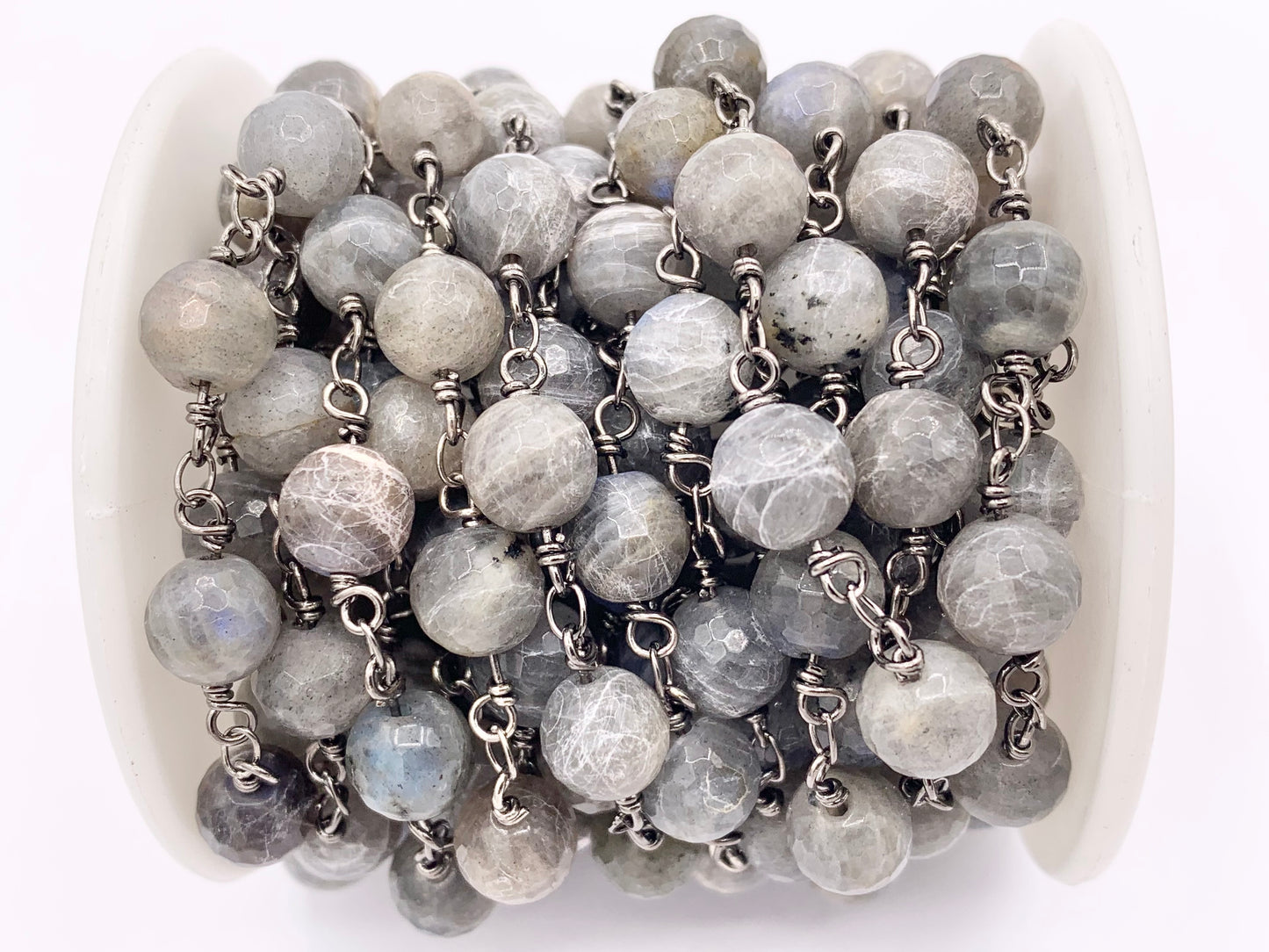 Labradorite Round Faceted Rosary Style Beaded Wired Chain With Gunmetal Wire By Spool 4mm 6mm 8mm