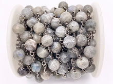 Load image into Gallery viewer, Labradorite Round Faceted Rosary Style Beaded Wired Chain With Gunmetal Wire By Spool 4mm 6mm 8mm
