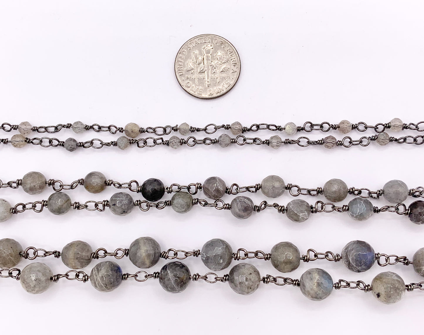 Labradorite Round Faceted Rosary Style Beaded Wired Chain With Gunmetal Wire By Spool 4mm 6mm 8mm