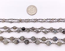 Load image into Gallery viewer, Labradorite Round Faceted Rosary Style Beaded Wired Chain With Gunmetal Wire By Spool 4mm 6mm 8mm
