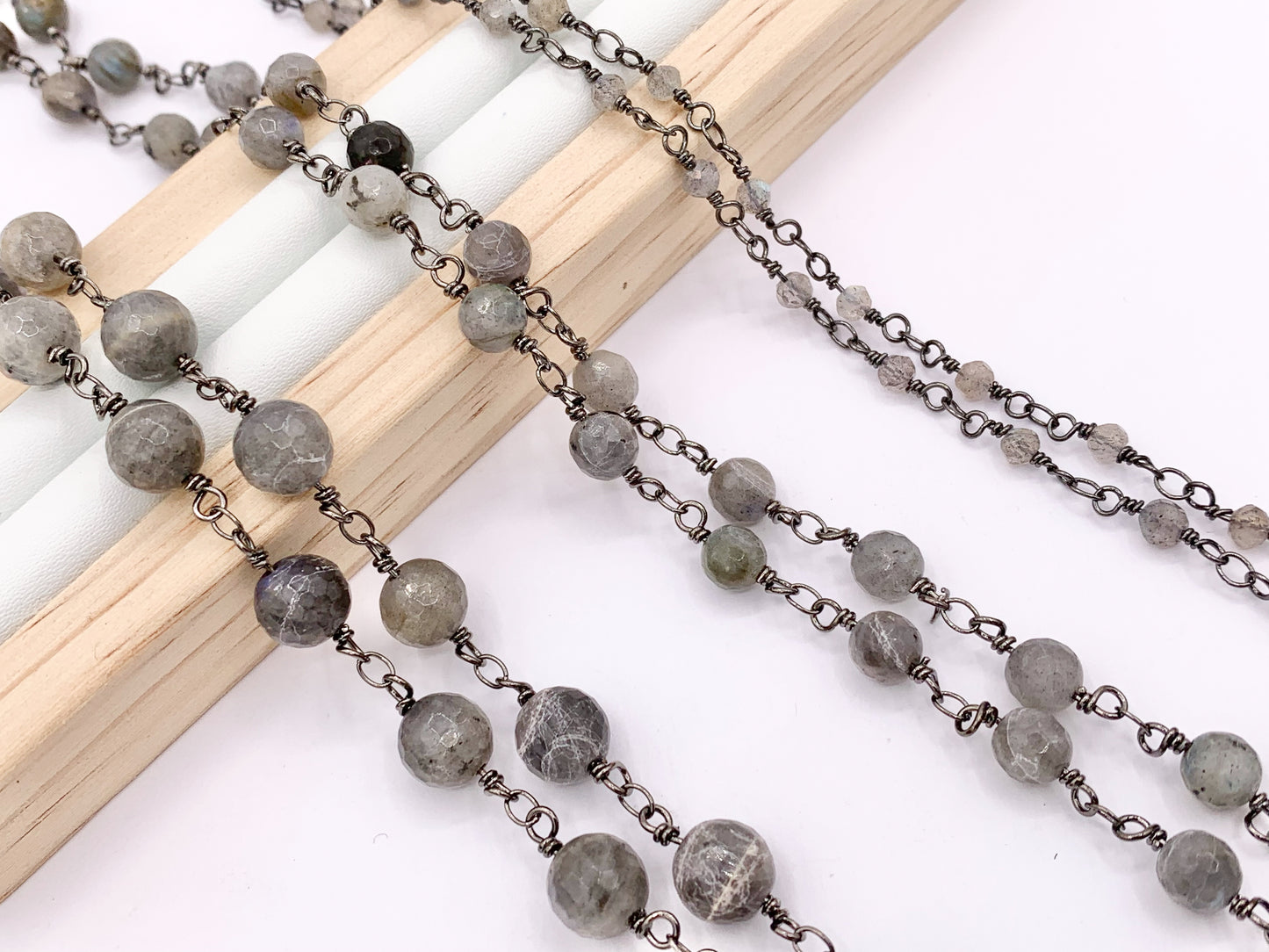 Labradorite Round Faceted Rosary Style Beaded Wired Chain With Gunmetal Wire By Spool 4mm 6mm 8mm