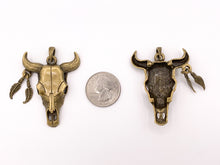 Load image into Gallery viewer, 38x51mm/1.5x2 inches Pewter Steer Head With Dangle Feather Pendants Native American Indian Bull Head in Gold, Silver, Copper, Brass, Patina 6 PCS
