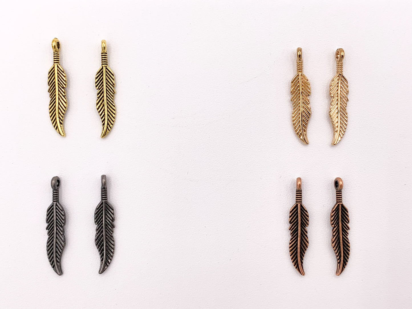 6x29mm Pewter Small Feather Charms Pedido a granel de estilo indio nativo americano en oro rosado, oro antiguo, cobre, latón, bronce y pátina