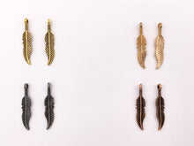 Load image into Gallery viewer, 6x29mm Pewter Small Feather Charms Native American Indian Style Bulk Order in Rosy Gold, Antique Gold, Copper, Brass, Gunmetal And Patina
