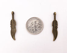 Load image into Gallery viewer, 6x29mm Pewter Small Feather Charms Native American Indian Style Bulk Order in Rosy Gold, Antique Gold, Copper, Brass, Gunmetal And Patina
