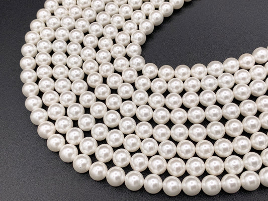 White Shell Pearl Smooth Round Beads Pearl Powder Coated Shell Beads Around 15" Available in 7 Sizes (1 Strand)