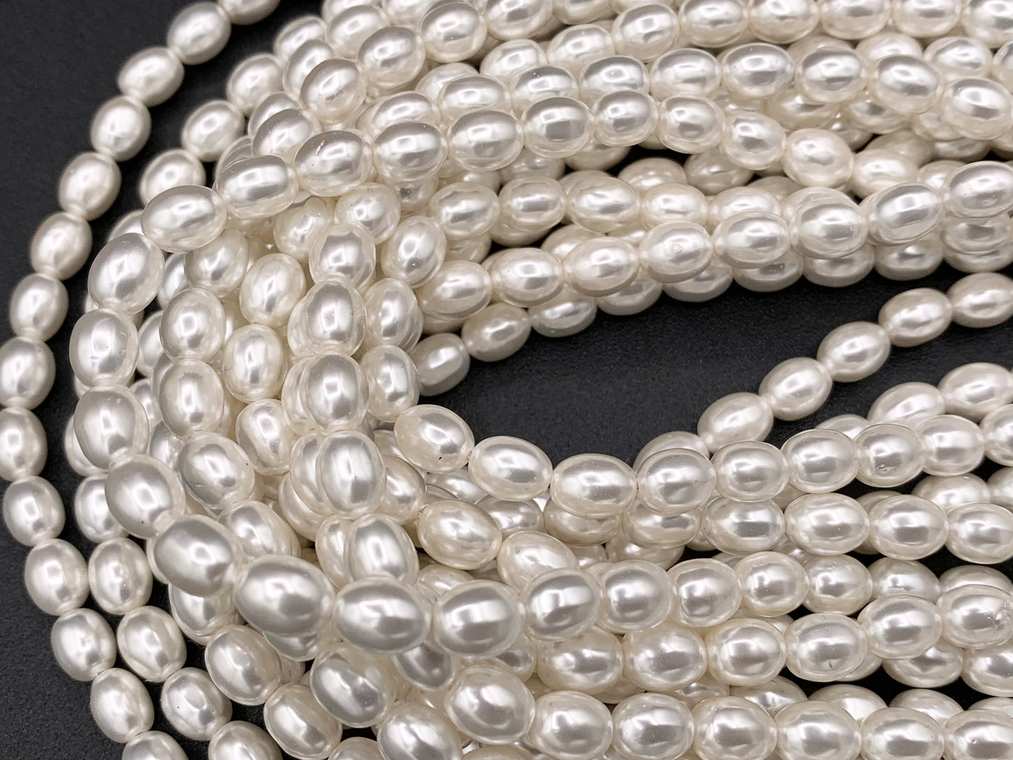 White Shell Pearl Smooth Rice Beads Pearl Powder Coated Shell Beads Around 15" Available in 6 Sizes (1 Strand)