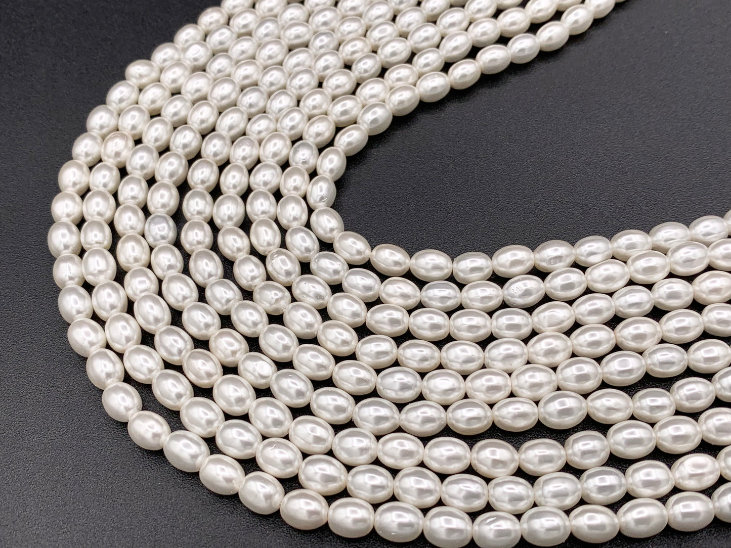White Shell Pearl Smooth Rice Beads Pearl Powder Coated Shell Beads Around 15" Available in 6 Sizes (1 Strand)