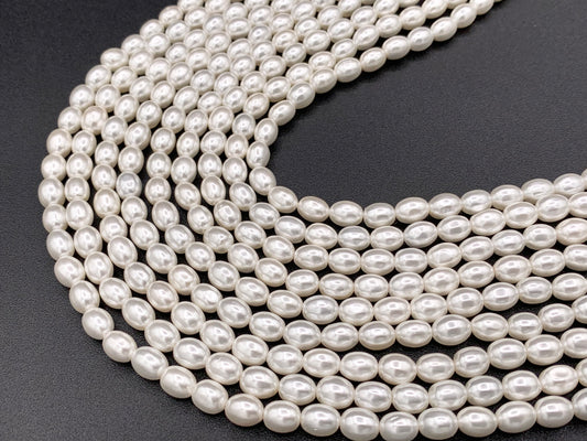 White Shell Pearl Smooth Rice Beads Pearl Powder Coated Shell Beads Around 15" Available in 6 Sizes (1 Strand)