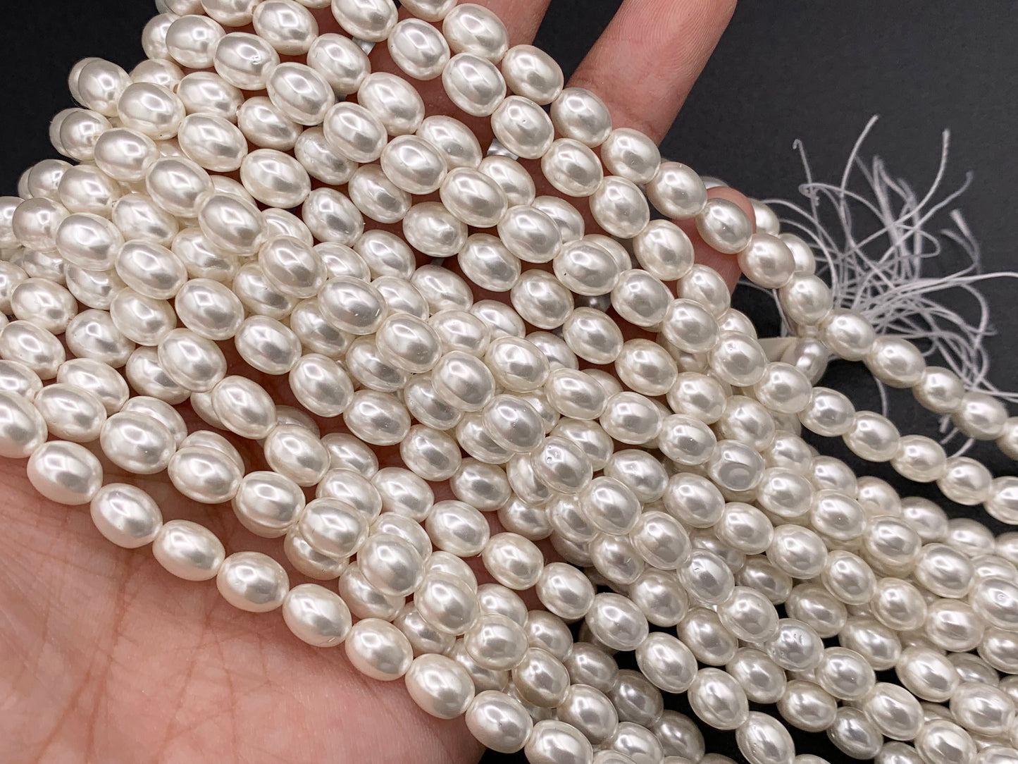 White Shell Pearl Smooth Rice Beads Pearl Powder Coated Shell Beads Around 15" Available in 6 Sizes (1 Strand)