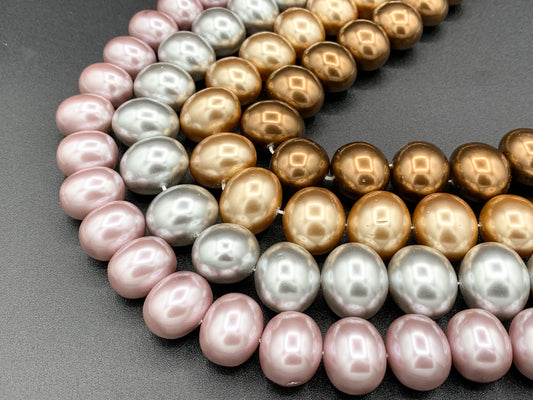 Shell Pearl Egg Shape Beads Pearl Powder Coated Shell Oval Beads Around 15-16" Silver, Champagne, Brown, Purple Color (1 Strand)