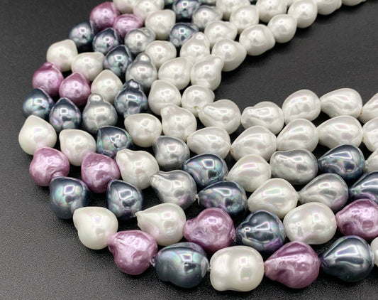 12x16mm White and Colorful Shell Pearl Nugget Beads Around 15" (1 Strand)