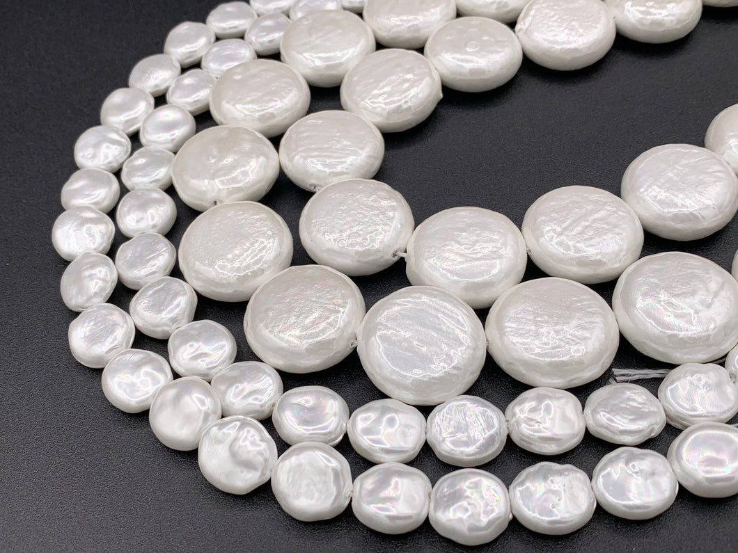 14mm & 26mm White Textured Shell Pearl Coin Beads Pearl Powder Coated Shell Beads Around 16