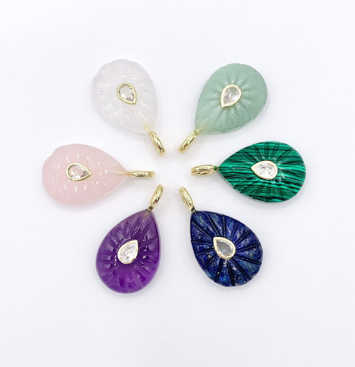 18x24mm Natural Gemstone Teardrop Shape Charm with CZ Pave | Quartz/ Lapis/ Aventurine/ Malachite & More 1 PC