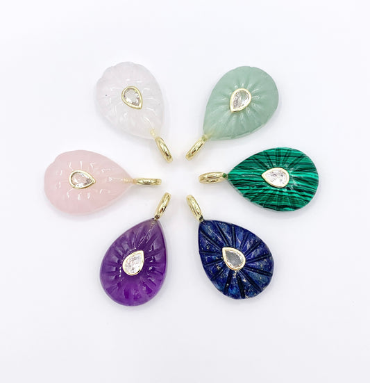 18x24mm Natural Gemstone Teardrop Shape Charm with CZ Pave | Quartz/ Lapis/ Aventurine/ Malachite & More 1 PC