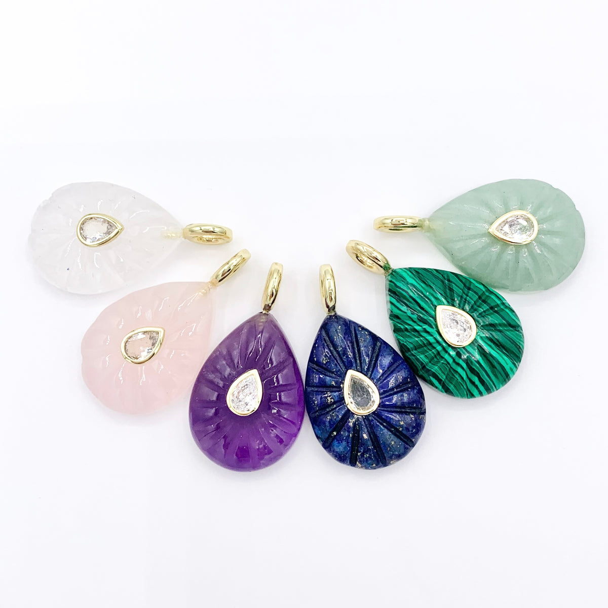 18x24mm Natural Gemstone Teardrop Shape Charm with CZ Pave | Quartz/ Lapis/ Aventurine/ Malachite & More 1 PC
