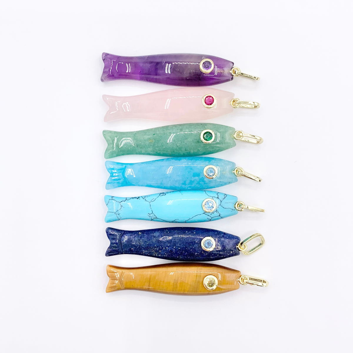 10x45mm Natural Gemstone Puffy Fish Shape Charm with CZ Pave | Amethyst/ Lapis/ Rose Quartz/ Tiger's Eye & More 1 PC