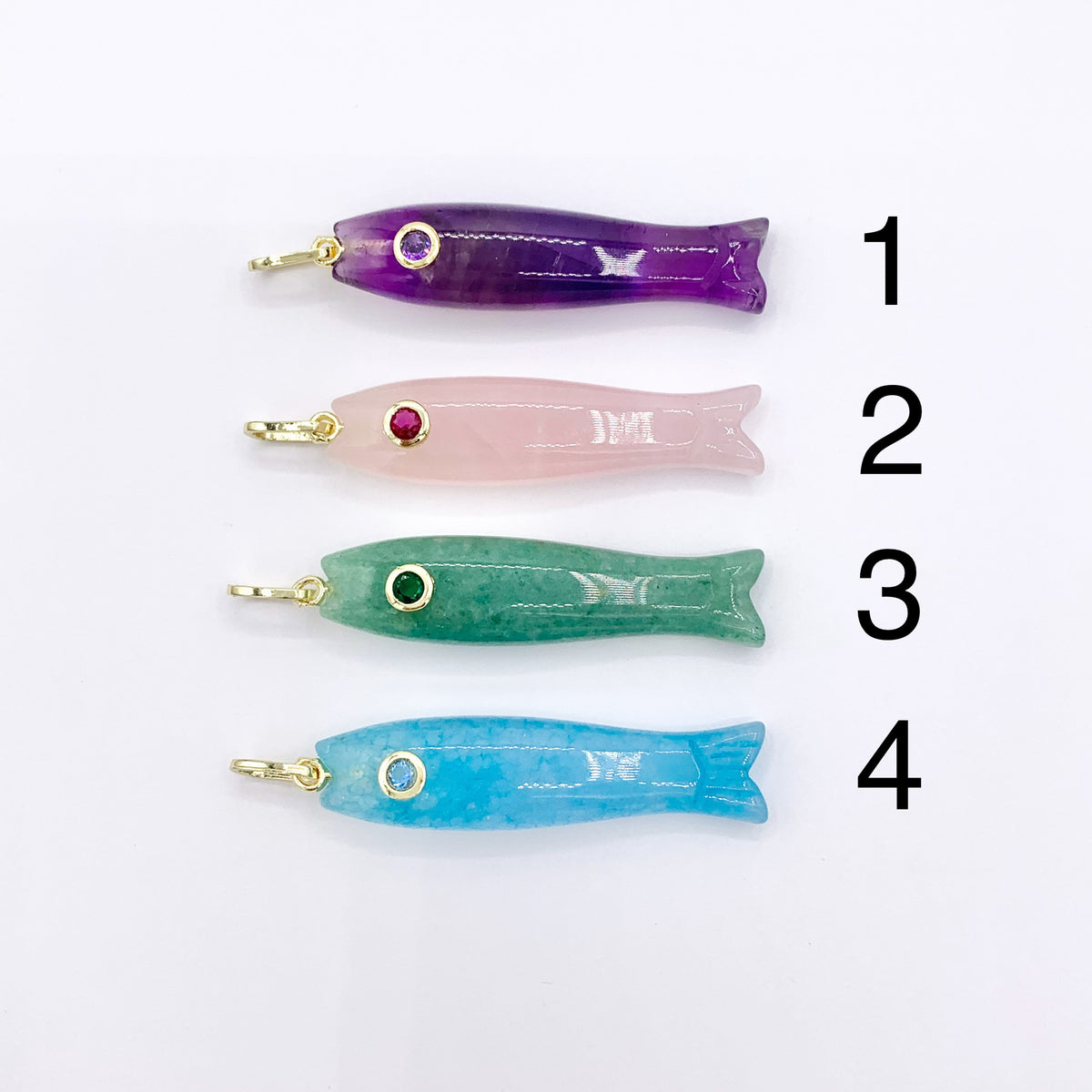 10x45mm Natural Gemstone Puffy Fish Shape Charm with CZ Pave | Amethyst/ Lapis/ Rose Quartz/ Tiger's Eye & More 1 PC