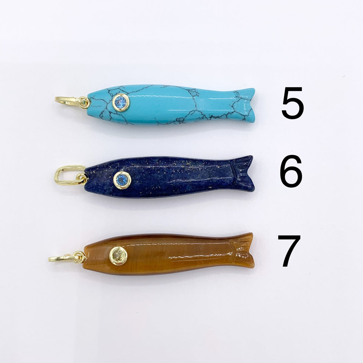 10x45mm Natural Gemstone Puffy Fish Shape Charm with CZ Pave | Amethyst/ Lapis/ Rose Quartz/ Tiger's Eye & More 1 PC
