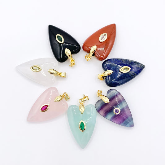 20x30mm Natural Gemstone Heart Shape Charm with CZ Pave | Quartz/ Lapis/ Aventurine/ Fluorite & More 1 PC