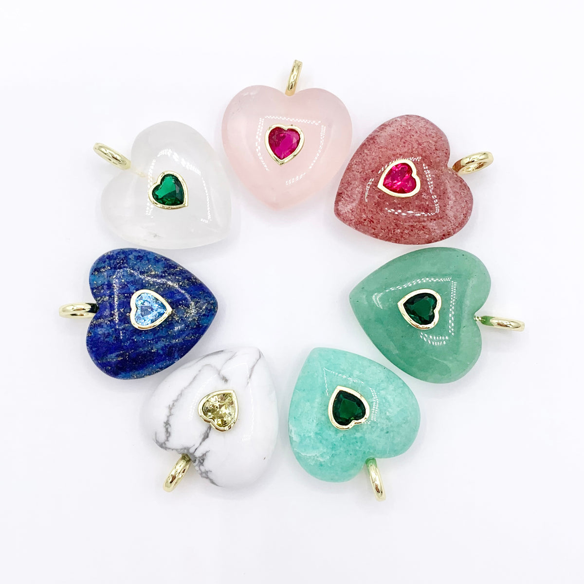 25x26mm Natural Gemstone Puffy Heart Shape Pendant with CZ Pave | Quartz/ Lapis/ Aventurine/ Amazonite & More 1 PC
