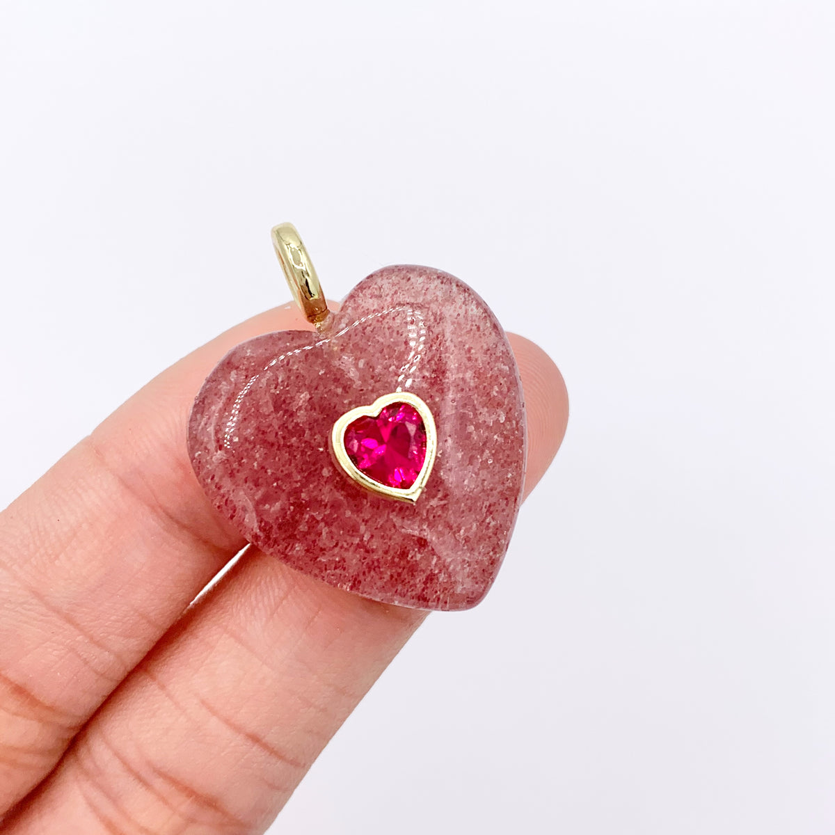 25x26mm Natural Gemstone Puffy Heart Shape Pendant with CZ Pave | Quartz/ Lapis/ Aventurine/ Amazonite & More 1 PC