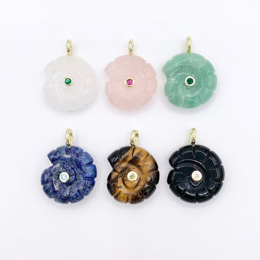 25mm Natural Gemstone Shell Shape Charm with CZ Pave | Quartz/ Lapis/ Aventurine/ Tiger's Eye & More 1 PC