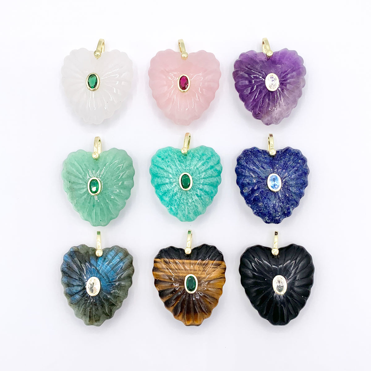 30x33mm Natural Gemstone Puffy Heart Shape Pendant with CZ Pave | Quartz/ Lapis/ Aventurine/ Amazonite & More 1 PC
