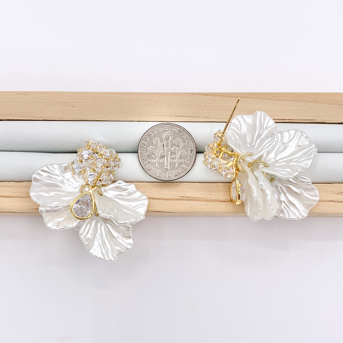 Pearl Petal Dangle CZ Pave Earring Studs in Real 18K Gold Plated Over Copper 3 PAIRS