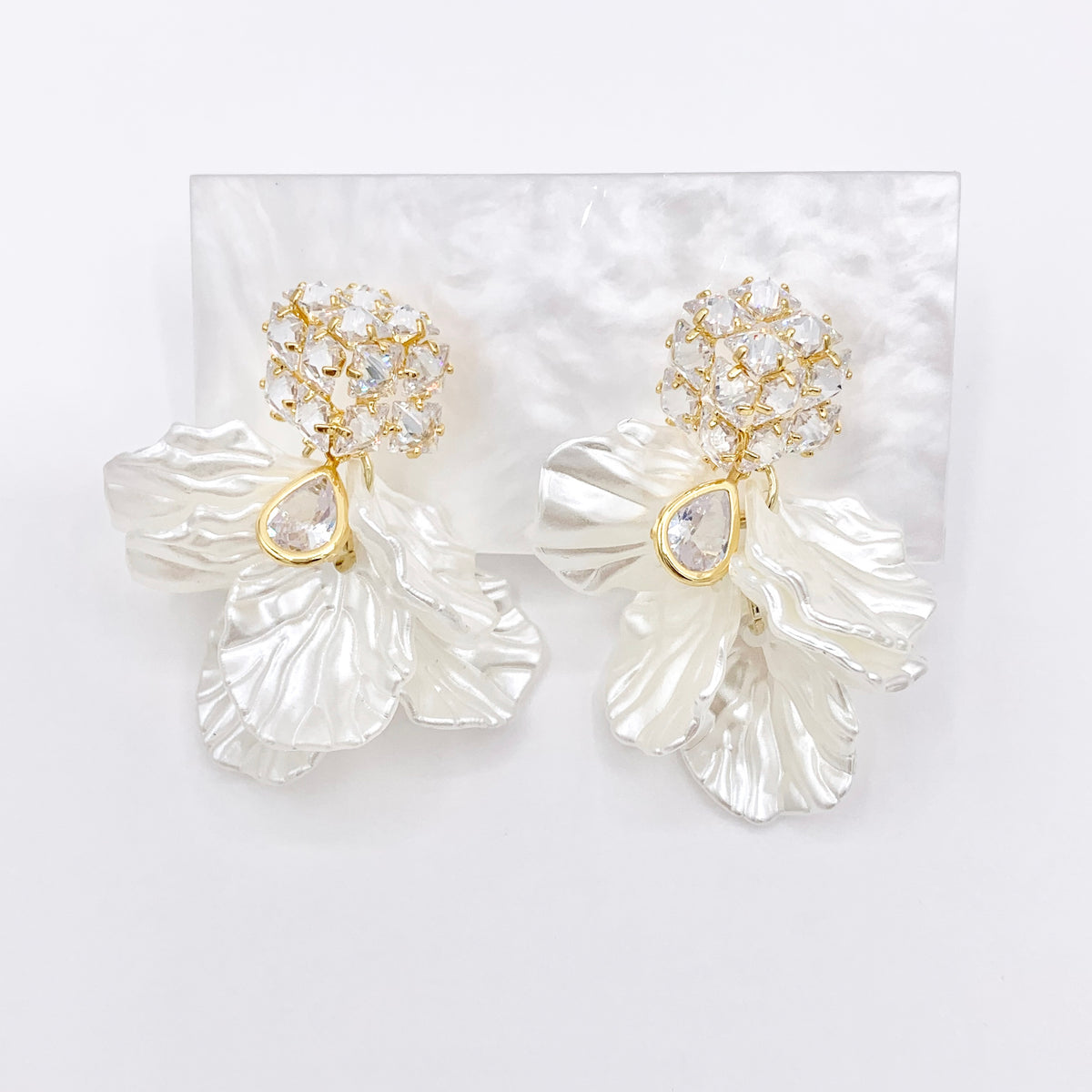 Pearl Petal Dangle CZ Pave Earring Studs in Real 18K Gold Plated Over Copper 3 PAIRS