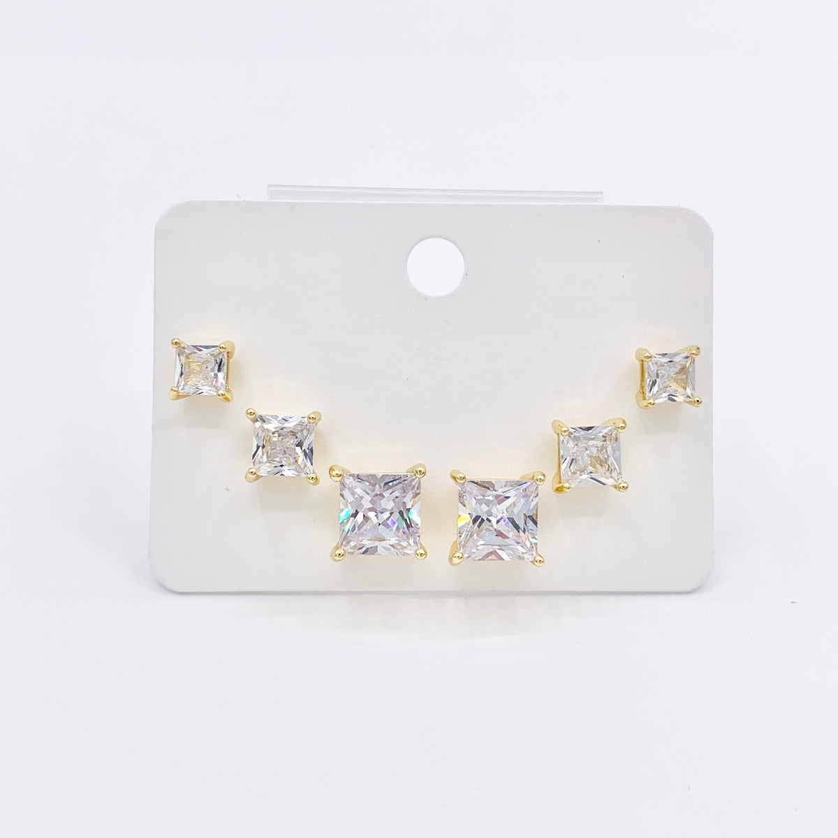 1 Set of 3 Sizes Dainty Square Studs in CZ Pave 18K Gold Plated Over Copper Earrings 3 Pairs