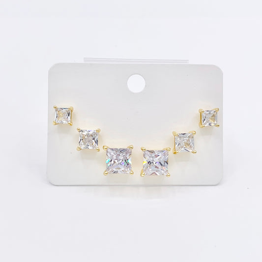 1 Set of 3 Sizes Dainty Square Studs in CZ Pave 18K Gold Plated Over Copper Earrings 3 Pairs