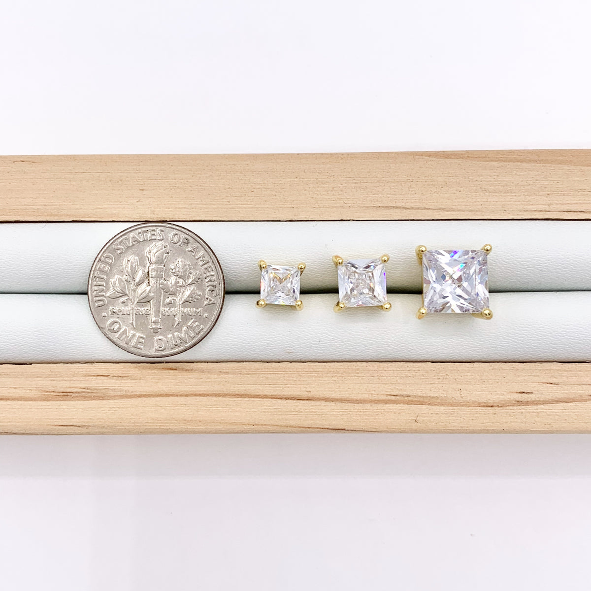 1 Set of 3 Sizes Dainty Square Studs in CZ Pave 18K Gold Plated Over Copper Earrings 3 Pairs