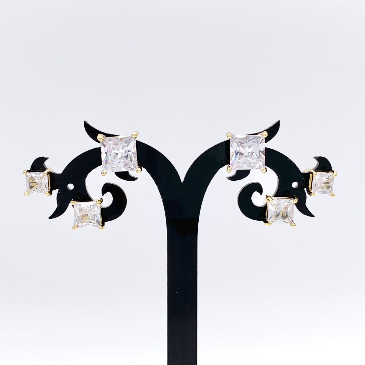 1 Set of 3 Sizes Dainty Square Studs in CZ Pave 18K Gold Plated Over Copper Earrings 3 Pairs