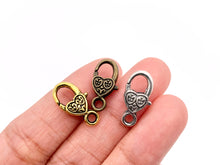 Load image into Gallery viewer, 9x17mm Pewter Antique Heart Lobster Claw Clasps Bulk Order in Gold, Silver and Brass 24 PCS
