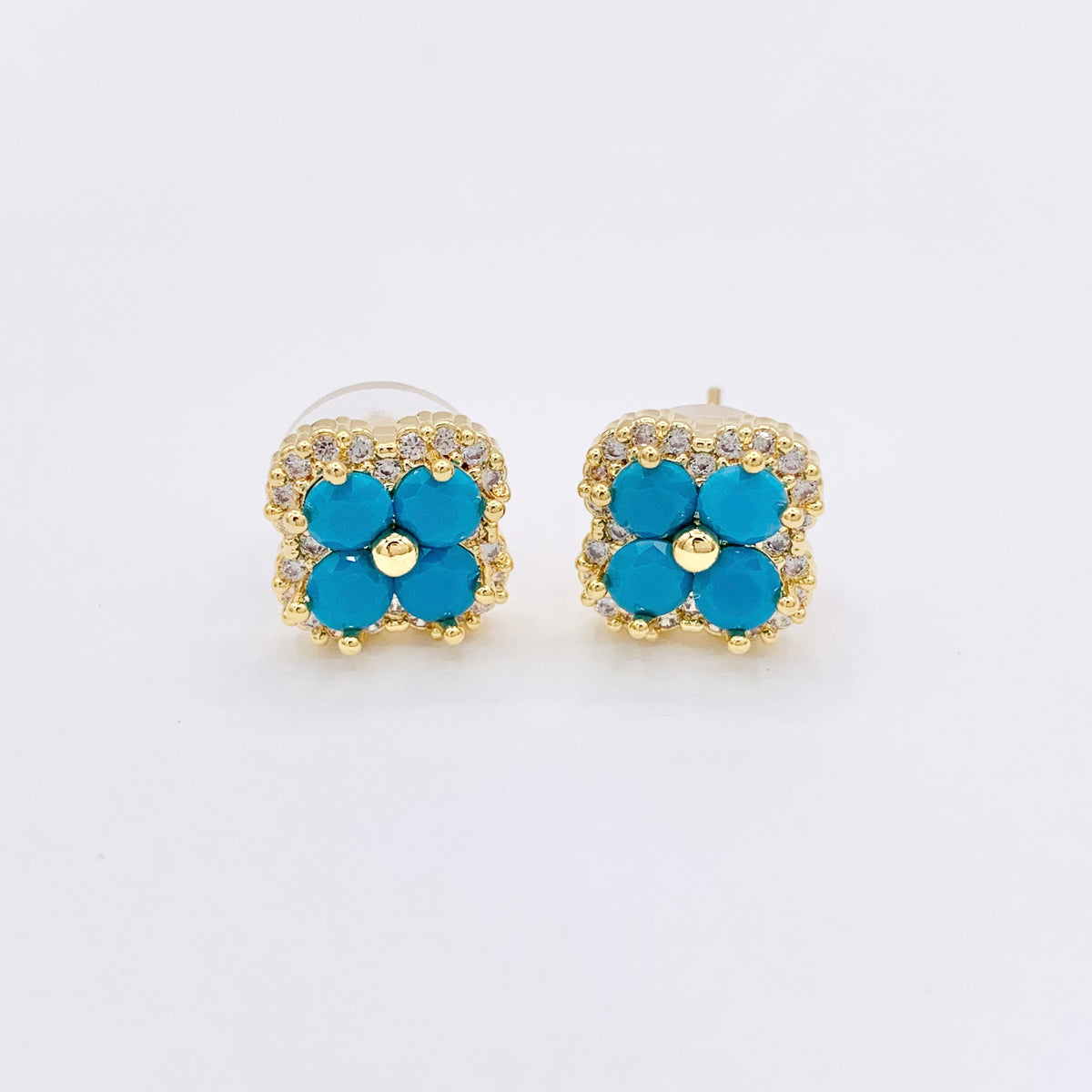 Turquoise Quatrefoil Earring Studs in Real 18K Gold Plated CZ Pave Over Copper 4 PAIRS