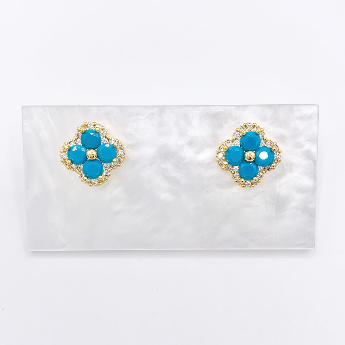 Turquoise Quatrefoil Earring Studs in Real 18K Gold Plated CZ Pave Over Copper 4 PAIRS