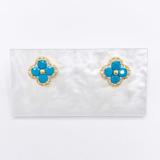 Turquoise Quatrefoil Earring Studs in Real 18K Gold Plated CZ Pave Over Copper 4 PAIRS