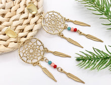 Load image into Gallery viewer, Matte Gold Dream Catcher Earrings with Seed Beads Boho Style Large Pewter Earrings 3 PAIRS
