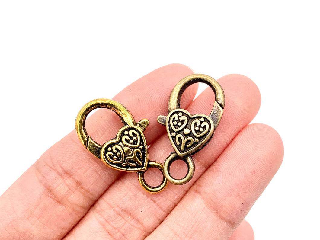 14X25mm/ 1 inch Long Pewter Antique Heart Lobster Claw Clasps Bulk Order in Gold, Silver, Copper, Brass and Gunmetal 20 PCS