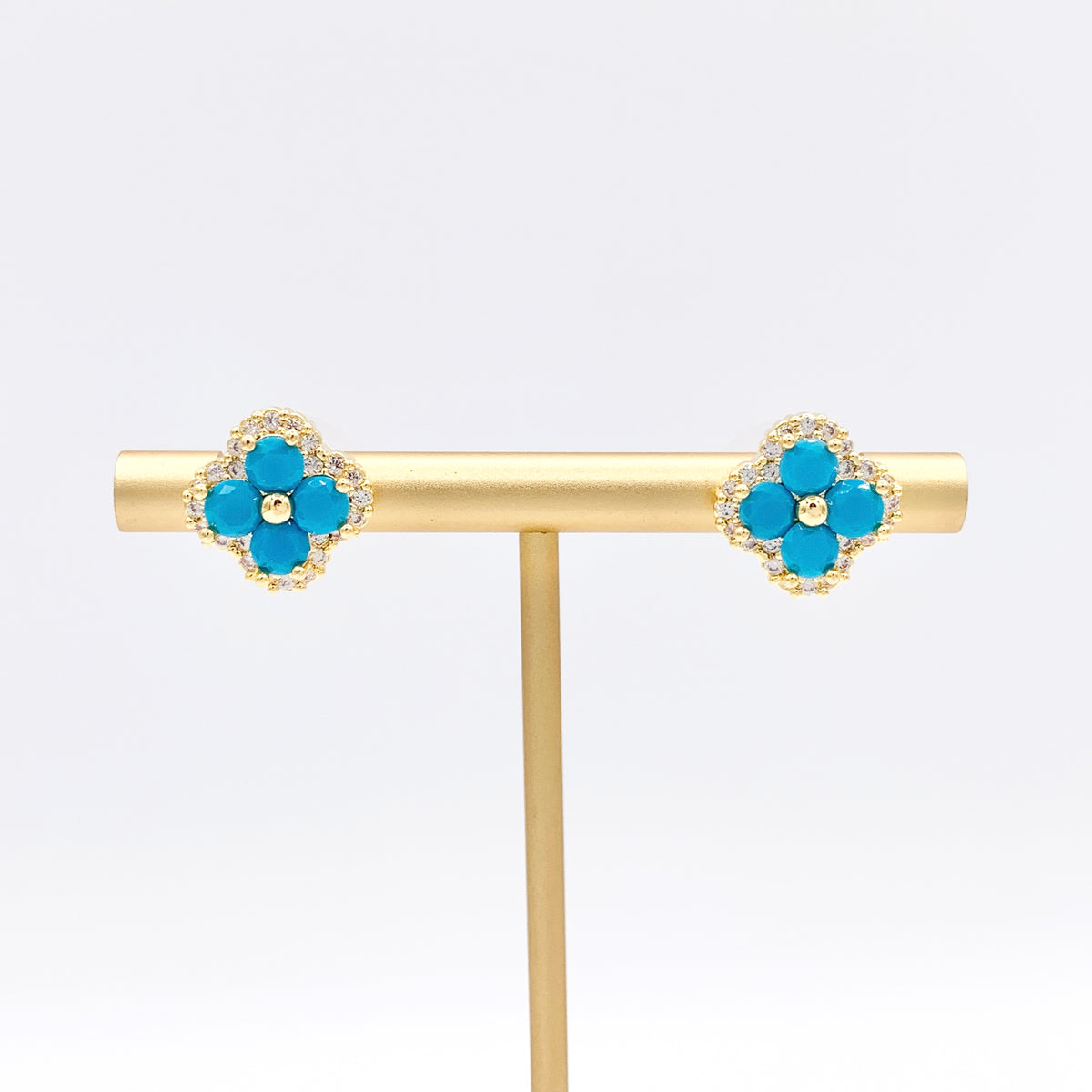 Turquoise Quatrefoil Earring Studs in Real 18K Gold Plated CZ Pave Over Copper 4 PAIRS
