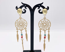 Load image into Gallery viewer, Matte Gold Dream Catcher Earrings with Seed Beads Boho Style Large Pewter Earrings 3 PAIRS
