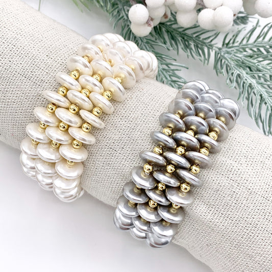 Coin Shape Shell Pearl & 18K Gold Plated Hematite Stretchy Bracelet 1 piece 6-6.25"