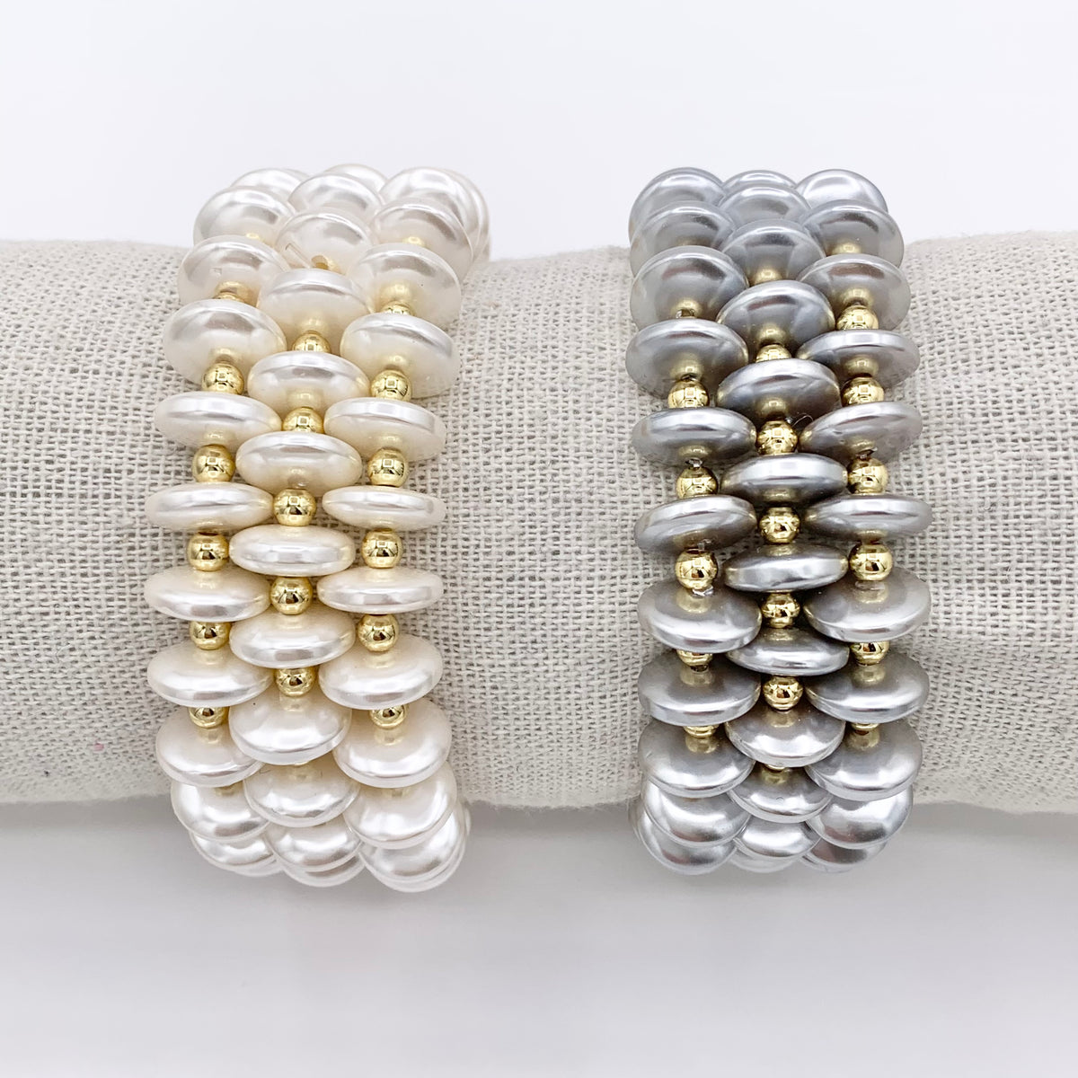 Coin Shape Shell Pearl & 18K Gold Plated Hematite Stretchy Bracelet 1 piece 6-6.25"